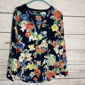 Ralph Lauren Medium Women’s Blouse M Navy Floral  Pullover V-Neck Watercolor‎